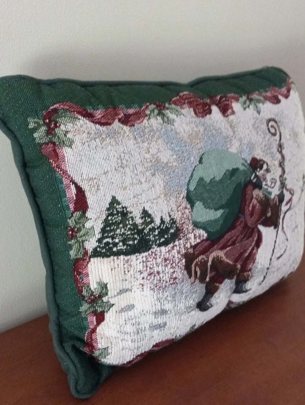 Holiday Santa Tapestry Decorative Pillow - Green and Red